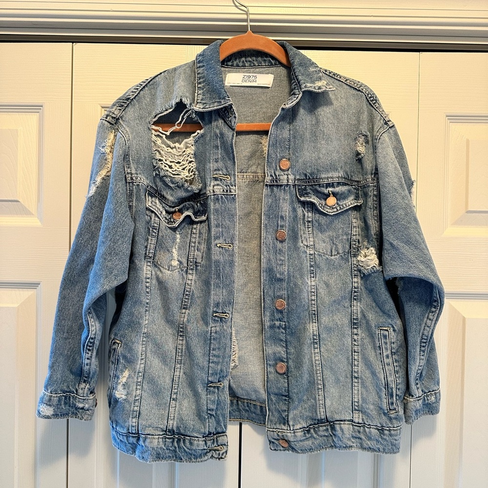 ZARA DL1979 Distressed Ripped Denim Jacket size Small